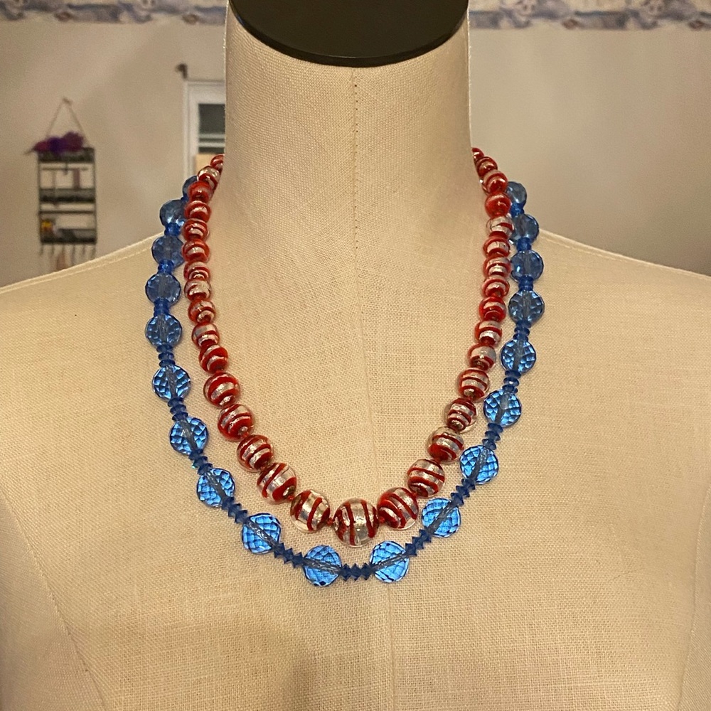 Vintage Estate Glass Necklace Lot With Silver Clasps Red Blue